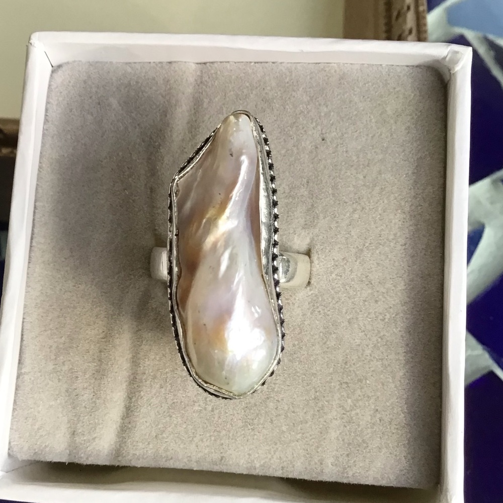 Sterling Silver Genuine Biwa Pearl Large Ring Size 8 New - Picture 2 of 5